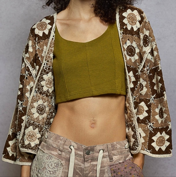 POL Floral Granny Square Crochet Cardigan Retro Boxy Open Front Sweater Openwork - Picture 13 of 16